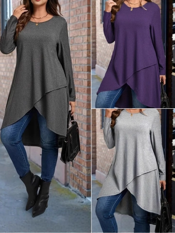 Vestito da Donna Casual Tinta Unita Orlo Irregolare Manica Lunga Maglietta Poliestere Elastan Girocollo Slim Fit Abito Midi