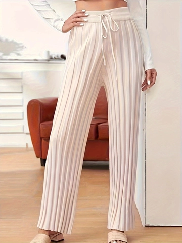 Pantaloni Donna Taglie Forti Vita Alta Maglia Gamba Dritta Larghi Strutturati Piegghettati con Coulisse Pantaloni Casual Tinta Unita