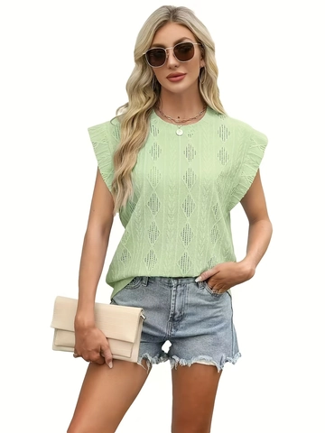 Damen Sommer Rundhals Jacquard Kurzarm T-Shirt Lockere Passform Hohl Rautenmuster Strickoberteil Mit Holzohr-Kante Lässig