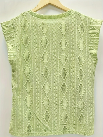 Damen Sommer Rundhals Jacquard Kurzarm T-Shirt Lockere Passform Hohl Rautenmuster Strickoberteil Mit Holzohr-Kante Lässig