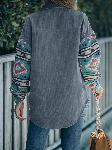 Plus Size Women Corduroy Jacket Aztec Ethnic Geometric Print Patchwork Long Sleeve Shacket Turn Down Collar Loose Outerwear