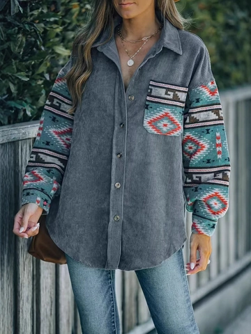 Plus Size Women Corduroy Jacket Aztec Ethnic Geometric Print Patchwork Long Sleeve Shacket Turn Down Collar Loose Outerwear
