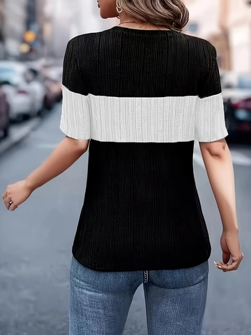 Γυναικείο Πλεκτό T-Shirt σε Μεγάλα Μεγέθη με Αντίθεση Χρωμάτων Στενή Εφαρμογή Στρογγυλή Λαιμόκοψη Κοντό Μανίκι Casual Top