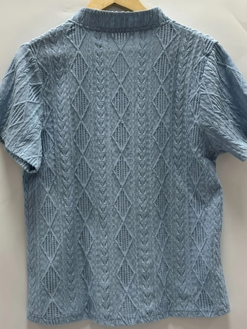 Haut en Tricot Jacquard Décontracté pour Femmes Col en V Bleu Clair Manches Courtes Ajouré Motif Diamant Coupe Ample Chemise d'Été