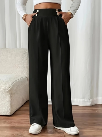 Pantaloni Taglie Forti Donna Vita Alta Gamba Dritta Tinta Unita Casual Larghi Con Bottoni Metallici Decorativi