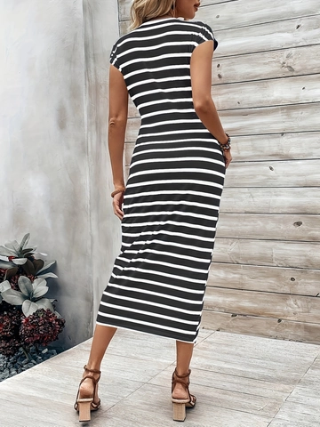 Damen Zebramuster Vorne Gebunden Kurzarm Midi Kleid Casual Rundhals Hohe Taille Bodycon Sommer Strand Urlaub Langes Kleid