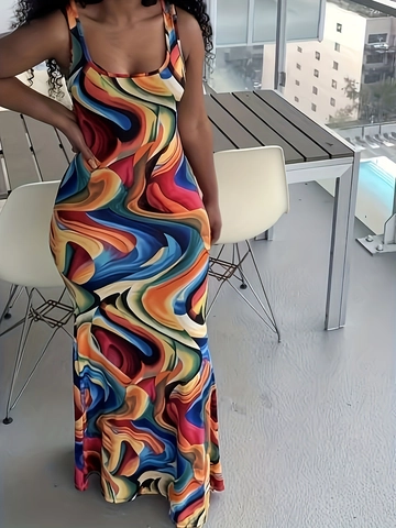 Damen Übergröße Bedrucktes Maxikleid Ärmellos Körperbetont Abstraktes Wirbelmuster Sexy Sommerurlaub Langes Tankkleid