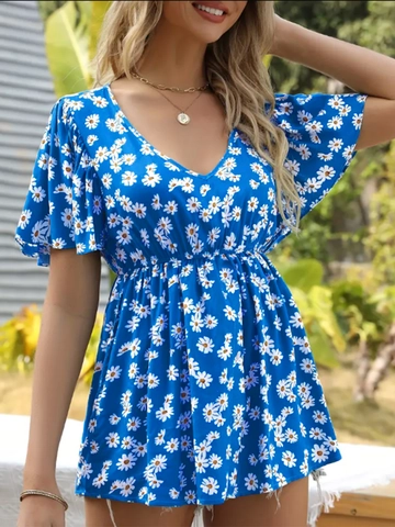 Women Summer Floral V-Neck Top Daisy Print Smocked Waist Flutter Sleeve Casual Short Sleeve Blouse Fashion Sweet Top