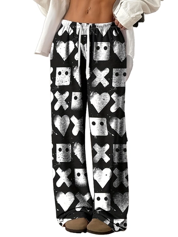 Damen Casual Graffiti Print Weite Hose Elastischer Bund Kordelzug Herz Muster Streetwear Lockere Lounge Hose Leichtgewicht