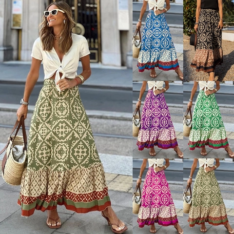 Damen Bohemian Geometrisches Muster Maxirock Hohe Taille Urlaub A-Linie Fließende Unterteile Polyester Resort-Stil Langer Rock Sommer Strandmode