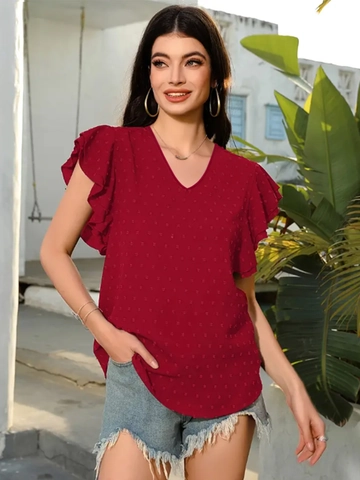 Damen V Ausschnitt Swiss Dot Rüschenärmel Bluse Sommer Casual Locker Polyester Top Kurzarm Elegant Urlaub Shirt