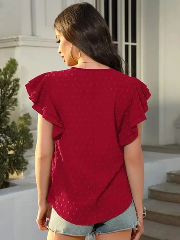 Damen V Ausschnitt Swiss Dot Rüschenärmel Bluse Sommer Casual Locker Polyester Top Kurzarm Elegant Urlaub Shirt