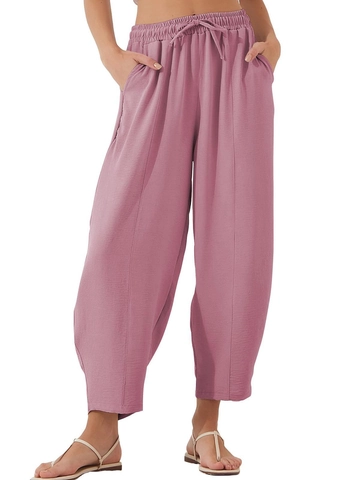 Damen Casual Hohe Taille Locker Haremhose Kordelzug Elastischer Bund Taschen Laterne Hose Sommer Urlaub Strandhose