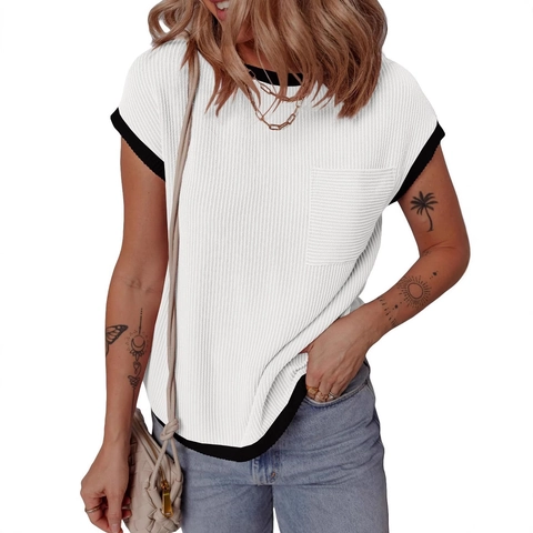 Damen Casual Rippstrick Kurzarm T-Shirt Kontrastbesatz Rundhalsausschnitt Tasche Pullover Frühling Sommer Tops Für Damen