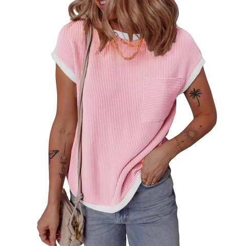 Damen Casual Rippstrick Kurzarm T-Shirt Kontrastbesatz Rundhalsausschnitt Tasche Pullover Frühling Sommer Tops Für Damen
