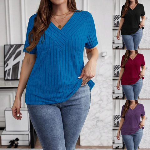 Top de Talla Grande para Mujer Tejido de Canalé Manga Corta Escote en V Cruzado Casual Liso Camiseta Verano Elástico