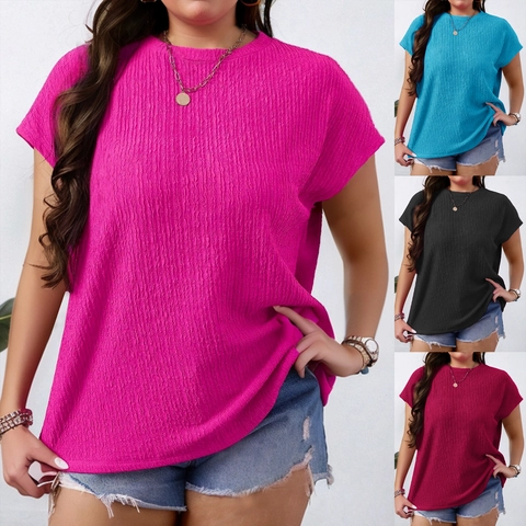 Γυναικείο T-shirt Μεγάλου Μεγέθους Με Πλισέ Μανίκια Πεταλούδα Casual Μονόχρωμη Μπλούζα Με Στρογγυλή Λαιμόκοψη