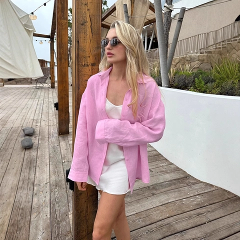 Camicia da Donna Casual a Tinta Unita a Maniche Lunghe Vestibilità Comoda Colletto a Revers Monopetto Top per Vacanze in Trama di Lino