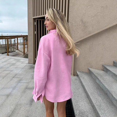 Camicia da Donna Casual a Tinta Unita a Maniche Lunghe Vestibilità Comoda Colletto a Revers Monopetto Top per Vacanze in Trama di Lino