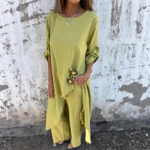 Women Casual Loose Asymmetrical Top And Wide Leg Pants Outfit Linen Texture Solid Color Elegant Bohemian Style Clothes