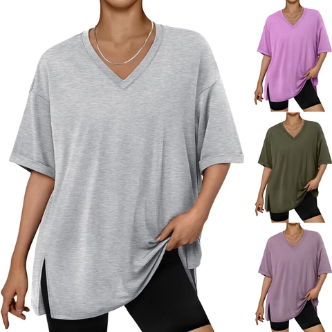 Women Casual Solid Color V Neck Short Sleeve T-Shirt Loose Side Split Pullover Top Summer Breathable Basic Fashion Tee
