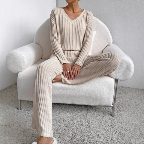 Damen Casual Geripptes Strick Zweiteiler Loungewear Set V Ausschnitt Langarm Oberteil Und Weite Hose Weicher Warmer Trainingsanzug