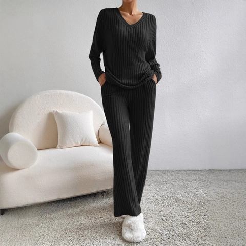 Damen Casual Geripptes Strick Zweiteiler Loungewear Set V Ausschnitt Langarm Oberteil Und Weite Hose Weicher Warmer Trainingsanzug