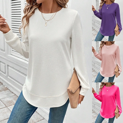 Dames Casual Wafelgebreide Sweatshirt Ronde Hals Lange Mouwen Losse Pullover Top Gebogen Zoom Effen Mode Bovenkleding