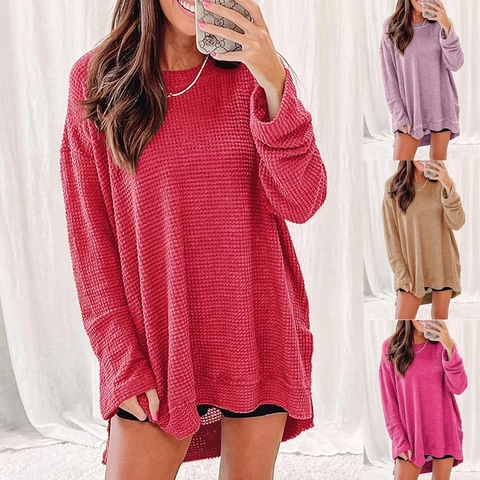 Top da Donna Oversize in Maglia a Nido d'Ape Manica Lunga Girocollo Casual Tinta Unita Spacco Laterale Orlo Irregolare Maglieria