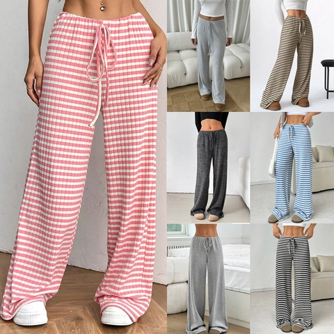 Women's Casual Striped Cotton Blend Straight Wide Leg Pants Drawstring Elastic Waist Spring Autumn Loose Trousers