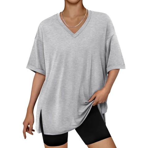 Women Casual Solid Color V Neck Short Sleeve T-Shirt Loose Side Split Pullover Top Summer Breathable Basic Fashion Tee