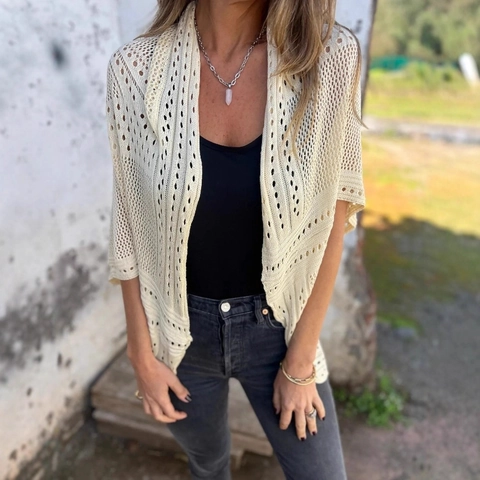 Cardigan in Maglia a Traforo da Donna Maglione all'Uncinetto Bohemien a Manica Corta Coprispalle Aperto sul Davanti