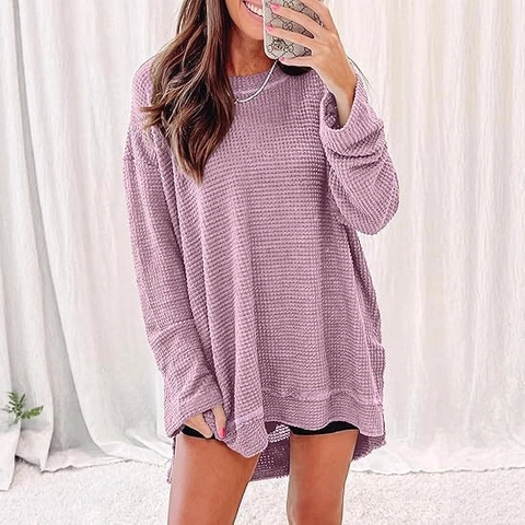Top da Donna Oversize in Maglia a Nido d'Ape Manica Lunga Girocollo Casual Tinta Unita Spacco Laterale Orlo Irregolare Maglieria