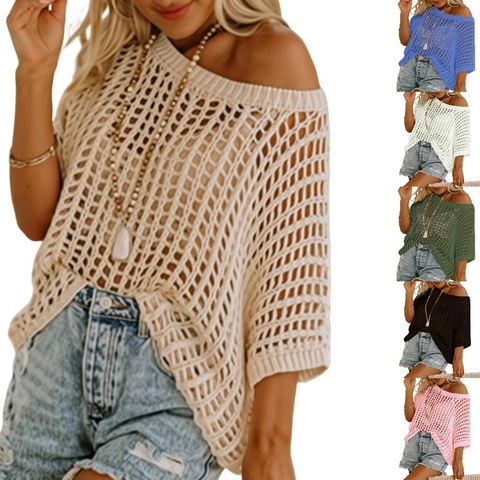 Women Summer Sexy Hollow Out Crochet Knit Top Loose Half Sleeve Mesh Beach Cover Up Sweater Pullover Solid Color T-Shirt