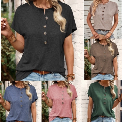 Maglietta da Donna Casual Henley Scollo a V Manica Corta Vestibilità Larga con Bottoni Tinta Unita Top Estivo