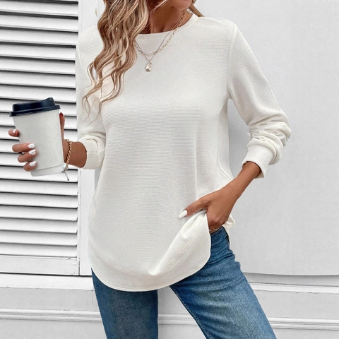 Dames Casual Wafelgebreide Sweatshirt Ronde Hals Lange Mouwen Losse Pullover Top Gebogen Zoom Effen Mode Bovenkleding