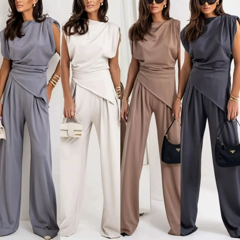 Women Sleeveless Asymmetric Drape Top And High Waist Wide Leg Pants Commuter Suit Solid Color Fashion Elegant Outfits