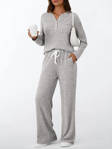 Damen Gerippter Strick Langarm Henley V-Ausschnitt Oberteil Und Weite Hose Mit Kordelzug Lässig Lose Lounge Hauskleidung Outfit