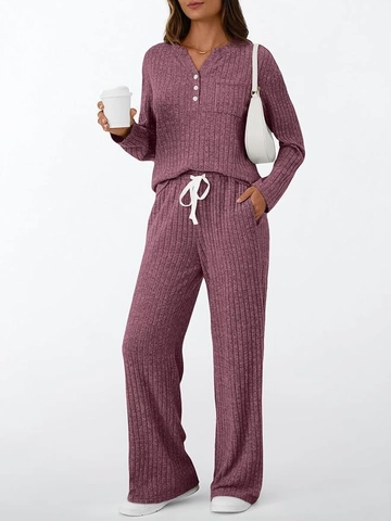 Damen Gerippter Strick Langarm Henley V-Ausschnitt Oberteil Und Weite Hose Mit Kordelzug Lässig Lose Lounge Hauskleidung Outfit