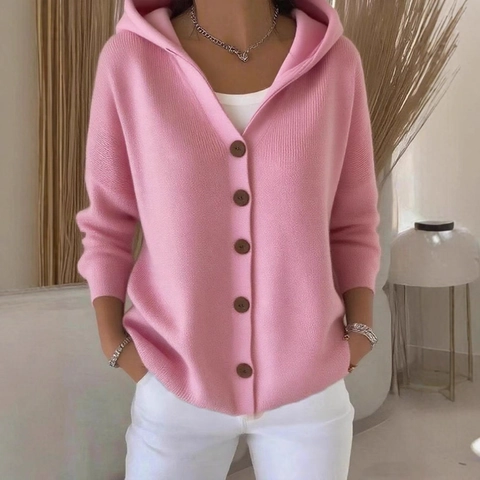Women's Casual Knitted Hooded Cardigan Sweater Long Sleeve Solid Color Button Front Jacket Fall Winter Soft Knit Top