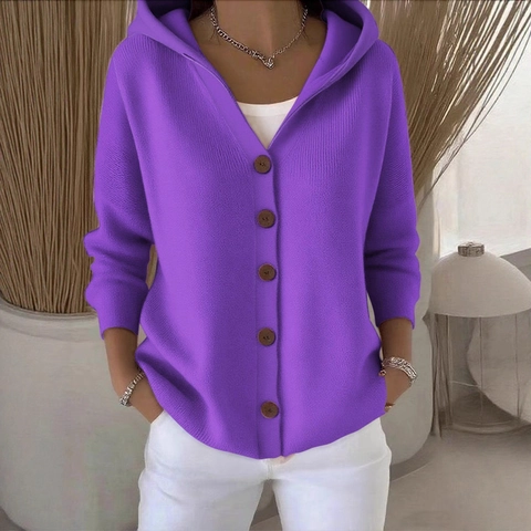 Women's Casual Knitted Hooded Cardigan Sweater Long Sleeve Solid Color Button Front Jacket Fall Winter Soft Knit Top