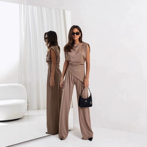 Women Sleeveless Asymmetric Drape Top And High Waist Wide Leg Pants Commuter Suit Solid Color Fashion Elegant Outfits