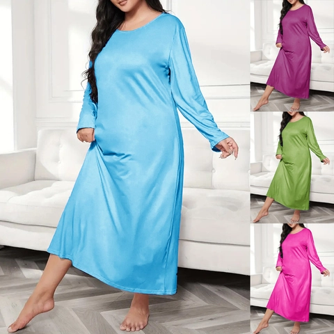 Plus Size Women Solid Color Long Sleeve Maxi Nightgown Round Neck Loose Loungewear Sleepwear Dress Soft Satin Feel Robe