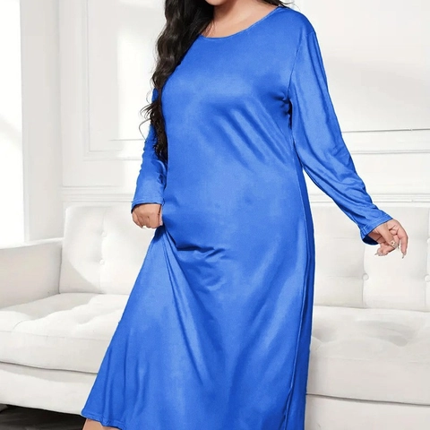 Plus Size Women Solid Color Long Sleeve Maxi Nightgown Round Neck Loose Loungewear Sleepwear Dress Soft Satin Feel Robe