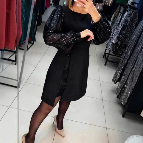 Women's Elegant Sequin Patchwork Puff Lantern Sleeve Mini Dress Slim Fit Round Neck Mesh lantern Sleeve Party Clubwear Dresses