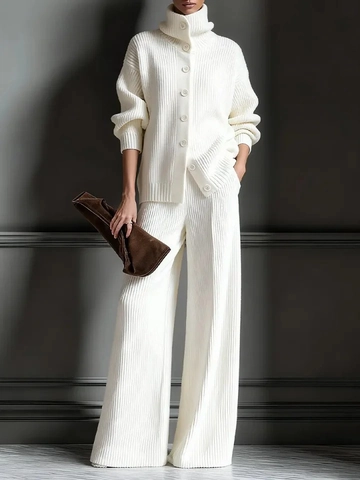 Women's Knitted Top And Bottom Solid Color Ribbed Cardigan And Wide Leg Pants For Autumn Winter Casual Elegant Commute Outfit
