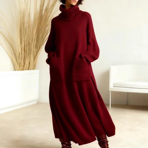 Vestito Lungo in Maglia Oversize a Collo Alto da Donna Casual Tinta Unita Manica Lunga Abito Maglione Con Grandi Tasche
