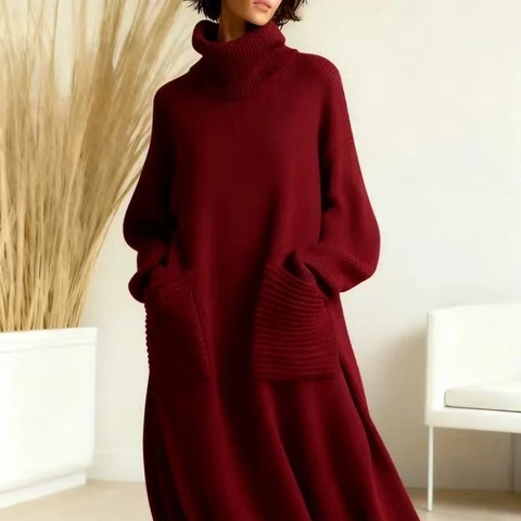 Vestito Lungo in Maglia Oversize a Collo Alto da Donna Casual Tinta Unita Manica Lunga Abito Maglione Con Grandi Tasche