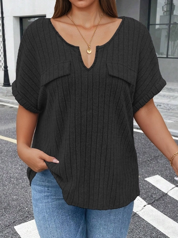 Women Plus Size Casual V Neck Ribbed Knit T-Shirt Loose Short Sleeve Top With Decorative Pockets Summer Fashion Basic Tee