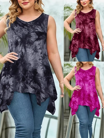 Γυναικείο Plus Size Αμάνικο Τοπ Τούνικ Tie Dye Ακανόνιστο Στρίφωμα Λαιμόκοψη V Casual Καλοκαιρινό Boho Μπλούζα